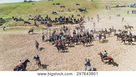 Herd Of Horses View From Drone Frightened Horse Stands On Its Legs During Traditional Game At Karako
