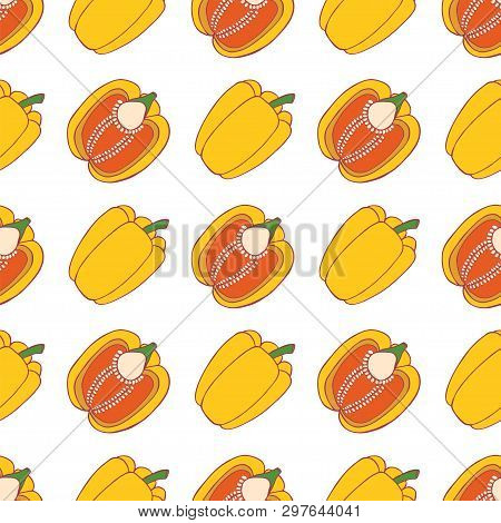 Vegetables Pepper Seamless Pattern For Wallpaper Design. Fresh Ripe Color Food. Organic Healthy Vege