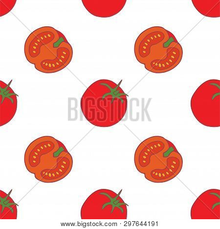 Tomato Seamless Pattern For Wallpaper Design. Fresh Ripe Color Food. Organic Healthy Vegetable.  Raw
