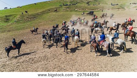 Herd Of Horses View From Drone Frightened Horse Stands On Its Legs During Traditional Game At Karako