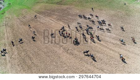 Herd Of Horses View From Drone Frightened Horse Stands On Its Legs During Traditional Game At Karako