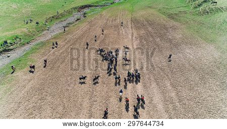 Herd Of Horses View From Drone Frightened Horse Stands On Its Legs During Traditional Game At Karako