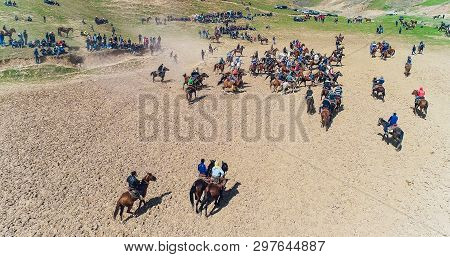 Herd Of Horses View From Drone Frightened Horse Stands On Its Legs During Traditional Game At Karako
