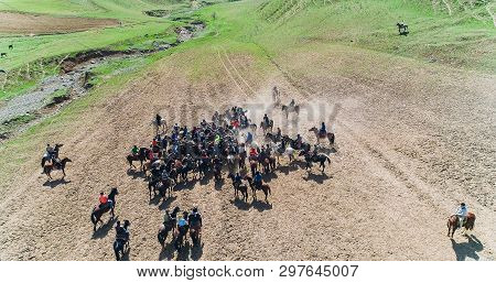Herd Of Horses View From Drone Frightened Horse Stands On Its Legs During Traditional Game At Karako