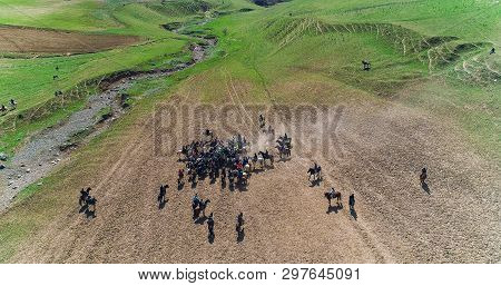 Herd Of Horses View From Drone Frightened Horse Stands On Its Legs During Traditional Game At Karako