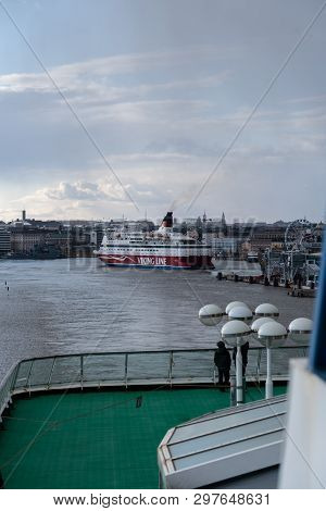 Editorial 03.25.2019 Helsinki Finland. Ms Gabriella Seen Leaving The Port From On Board Ms Silja Ser