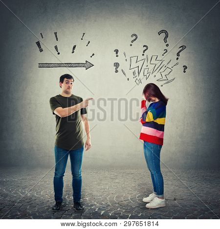 Frustrated Man Pointing Index Finger Showing To Someone. Dissatisfied Male Forefinger Gesture And A 