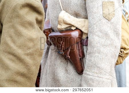 Vintage Leather Holster On The Belt. Retro Uniform Of Russian Army During Russian Civil War In 1918