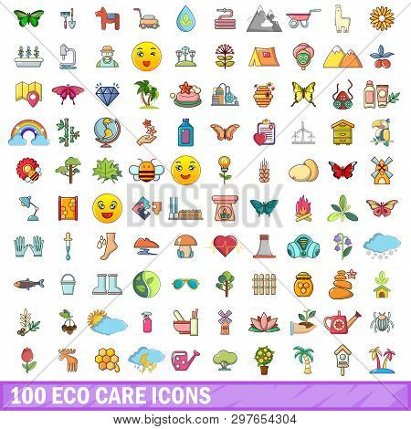 100 Eco Care Icons Set. Cartoon Illustration Of 100 Eco Care Icons Isolated On White Background