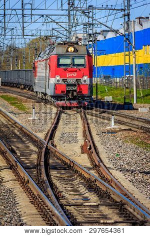 Locomotive On The Platform Pargolovo. Russian Railway. Russia, St. Petersburg, May 8, 2018