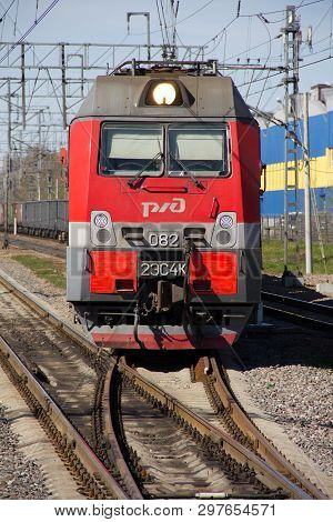 Locomotive On The Platform Pargolovo. Russian Railway. Russia, St. Petersburg, May 8, 2018