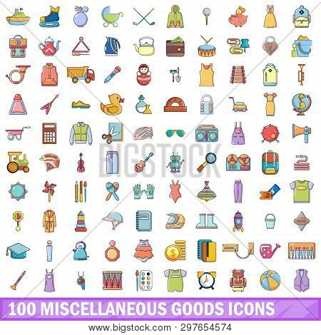 100 Miscellaneous Goods Icons Set. Cartoon Illustration Of 100 Miscellaneous Goods Icons Isolated On