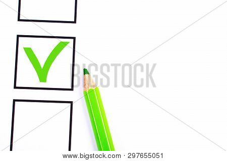 White Bulletin With Checkboxes And Green Pencil And Tick Drawn As Positive Selection Signs. Election