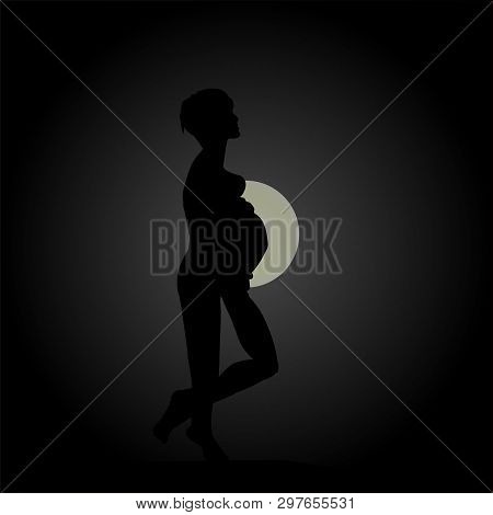 Pregnant Girl Under The Moon. Dark Background