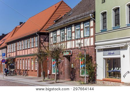 Boizenburg, Germany - April 16, 2019: Shopping Street With Half Timbered Houses In Boizenburg, Germa