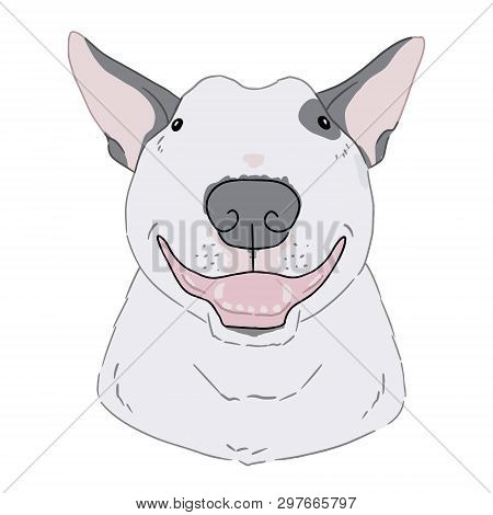 Vector Art Of Bull Terrier Portrait On White Background. Hand Drawn Illustration Of Cute Cartoon Dog