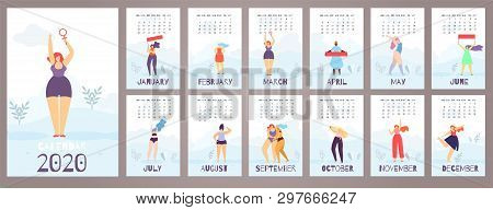 Woman Wall Calendar2020 Twelve Month Feminist Flat Style Print Vector Detailed Girl Trendy Outfit Ch