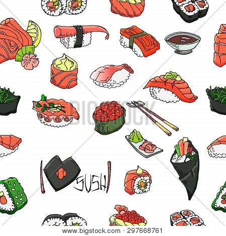 Sushi And Rolls Vector Seamless Pattern. Hand Drawn Graphics On White