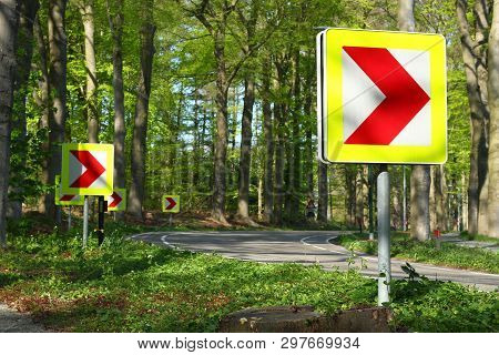 Road Signs That Indicate That There Is A Bend In The Road, Location Netherlands