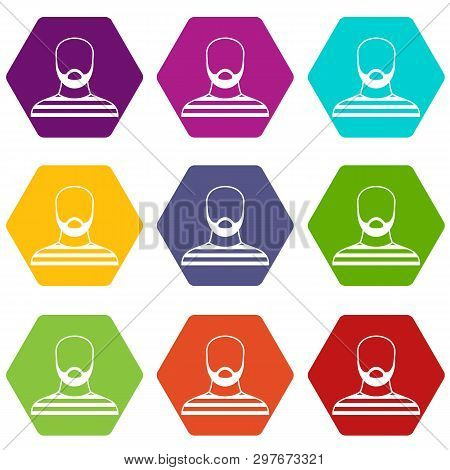 Bearded Man In Prison Garb Icon Set Many Color Hexahedron Isolated On White Illustration