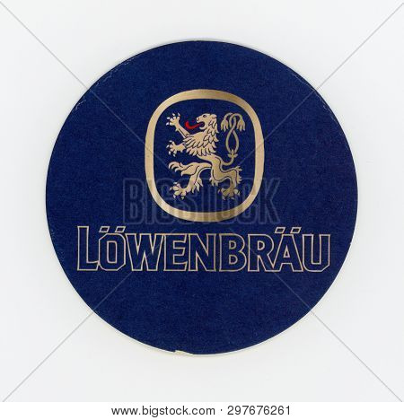 Munchen, Germany - Circa April 2019: Loewenbraeu Cardboard Beermat For A Pint Of Beer