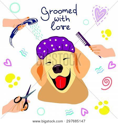 Vector Illustration Of Cute Dogs In The Bath With Foam And Shampoos And Handwritten Phrase Groomed W