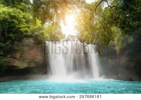 Amazing Beautiful Waterfalls In Tropical Forest At Haew Suwat Waterfall In Khao Yai National Park, N