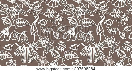 Vector Seamless Abstract Floral Pattern. Chalk Flowers On Coffee Background.