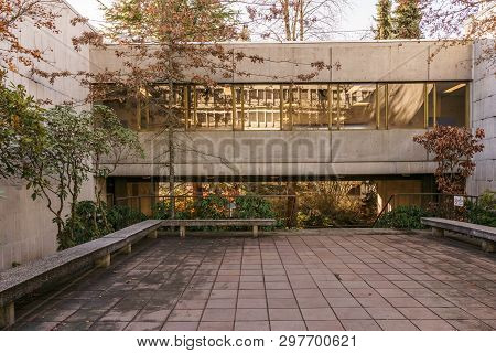 Burnaby, Canada - November 17, 2018: Simon Fraser University Campus On Burnaby Mountain.