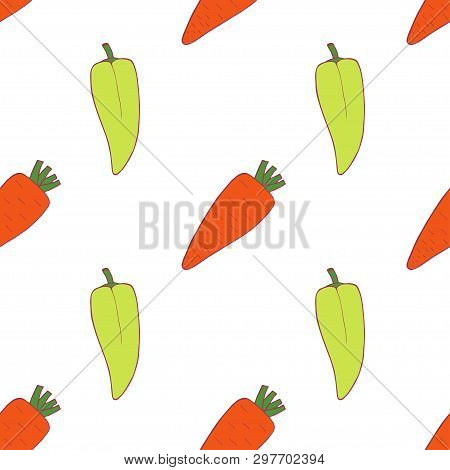 Carrot And Pepper Seamless Pattern For Wallpaper Design. Fresh Ripe Color Food. Organic Healthy Vege