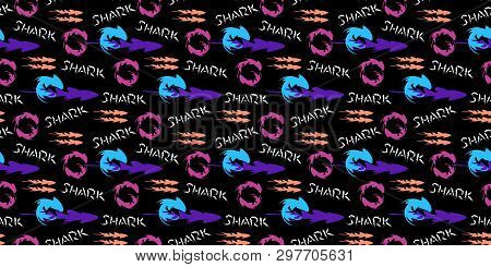 Vector Seamless Pattern On The Black Background With The Stylized Sharks.relevant Print For Kids And