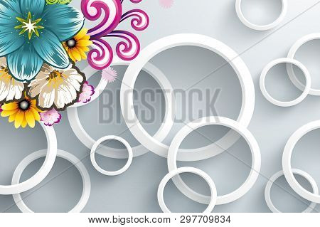3d Gray Background, White Circles, Bright Flowers