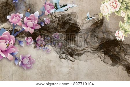 3d Background, Flowers, Butterflies, Flying Birds, Dark Smoke