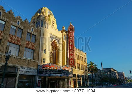 Oakland, California -- April 13, 2019: The Morning Sun Rises On The Fox Oakland Theatre, A Concert H