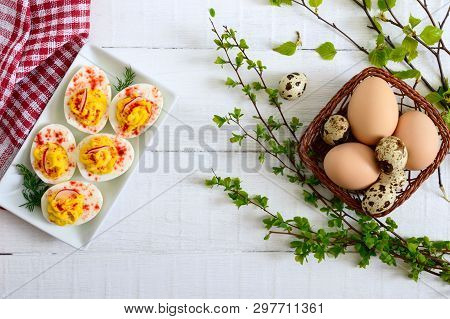 Deviled Eggs. Delicious Appetizer. Boiled Eggs Stuffed With Yolk, Mustard, Mayonnaise, Paprika. Clas