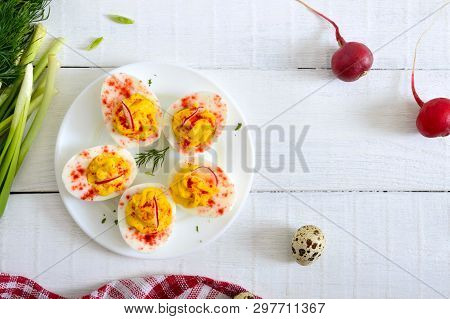 Deviled Eggs. Delicious Appetizer. Boiled Eggs Stuffed With Yolk, Mustard, Mayonnaise, Paprika. Clas