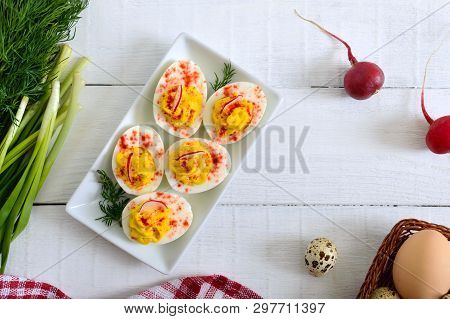 Deviled Eggs. Delicious Appetizer. Boiled Eggs Stuffed With Yolk, Mustard, Mayonnaise, Paprika. Clas