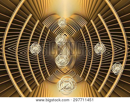 3d Illustration, Golden Metallic Background, Lines Balls, Gravity