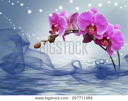 Lilac Long Orchid In Water On A Blue Background