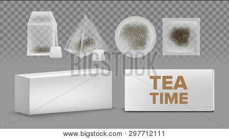 Teabags Mockups With Labels Various Shapes Vector Set. Rectangle, Circle, Square, Pyramid Teabags Is