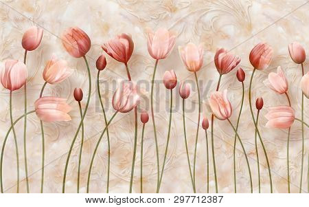 Gentle Marble Background With Long Claret Tulips