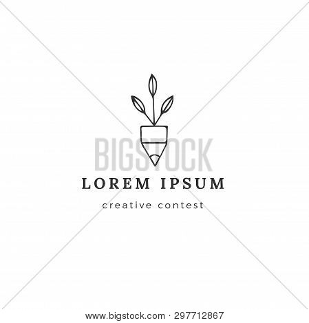 Creative Contest Theme. Premade Logo Template. Pencil Tip With Green Shoots, Vector Hand Drawn Icon.