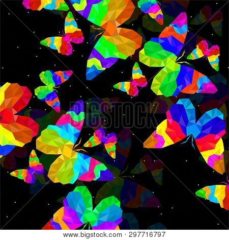 Abstract Background With Butterfly Of Colorful Triangles, Polygonal Geometric Structure. Vector Desi