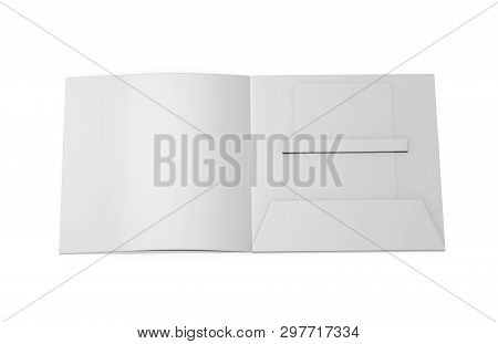Blank White Plastic Card Mockup Inside Paper Booklet Holder, Mock Up Template On Isolated White Back