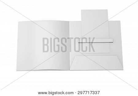 Blank white plastic card mockup inside paper booklet holder, mock up template on isolated white back