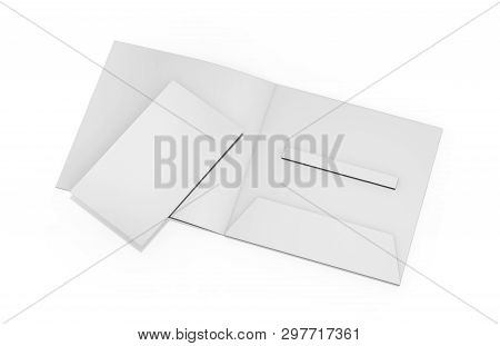 Blank White Plastic Card Mockup Inside Paper Booklet Holder, Mock Up Template On Isolated White Back