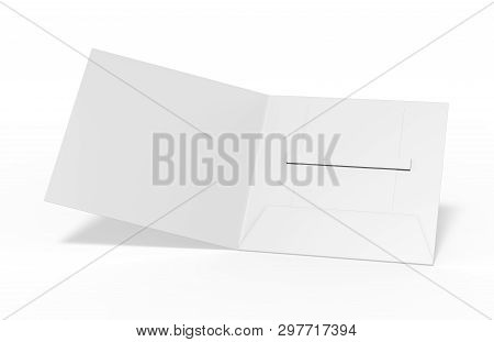 Blank White Plastic Card Mockup Inside Paper Booklet Holder, Mock Up Template On Isolated White Back