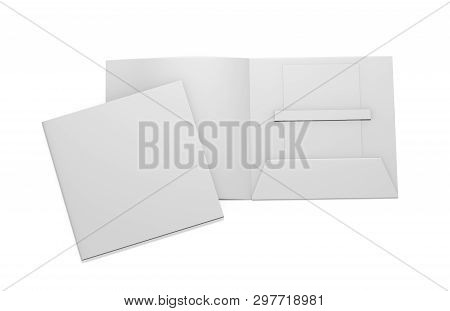 Blank White Plastic Card Mockup Inside Paper Booklet Holder, Mock Up Template On Isolated White Back