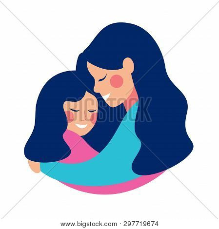 Side View Of Smilling Young Mother Embracing Her Daughter With Love. Vector Illustration Isolated Fr
