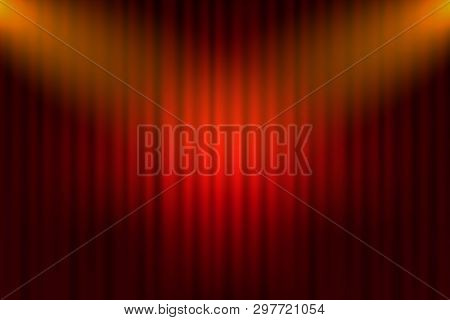 Entertainment Curtains Background For Movies. Beautiful Red Theatre Folded Curtain Drapes On Black S